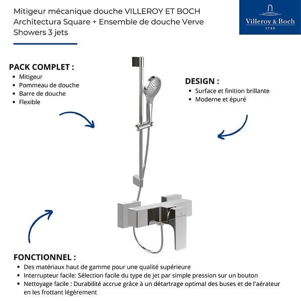 VILLEROY ET BOCH - Mitigeur mécanique douche  Architectura Square Chrome + Ensemble de douche Verve Showers 3 jets Chrome - large