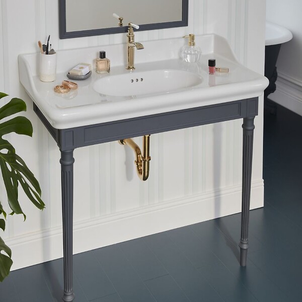 JACOB DELAFON - Console Cléo 1889 avec plan vasque + colonne droite + siphon or - large