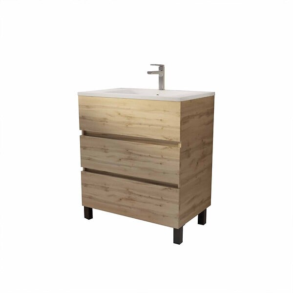 AURLANE - Meuble de salle de bains 70 cm TIMBER - Décor Chêne Naturel 3 tiroirs avec Vasque blanche - large