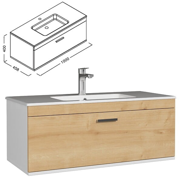 SANIVERRE - Meuble 1 Vasque Encastrée 100 Cm 1 Tiroir Chêne Clair Salle De Bain - Rubite - large