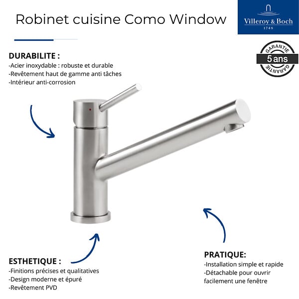 VILLEROY ET BOCH - Robinet cuisine rabattable  Como window acier massif - large