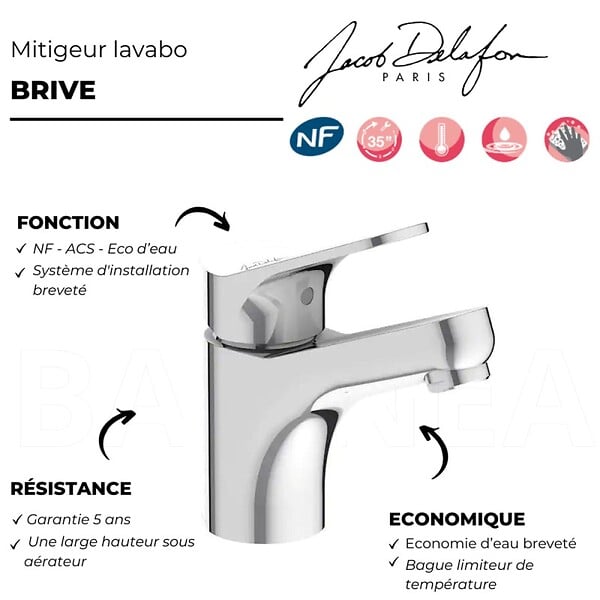 JACOB DELAFON - Mitigeur lavabo Brive installation rapide et économie d'eau - large