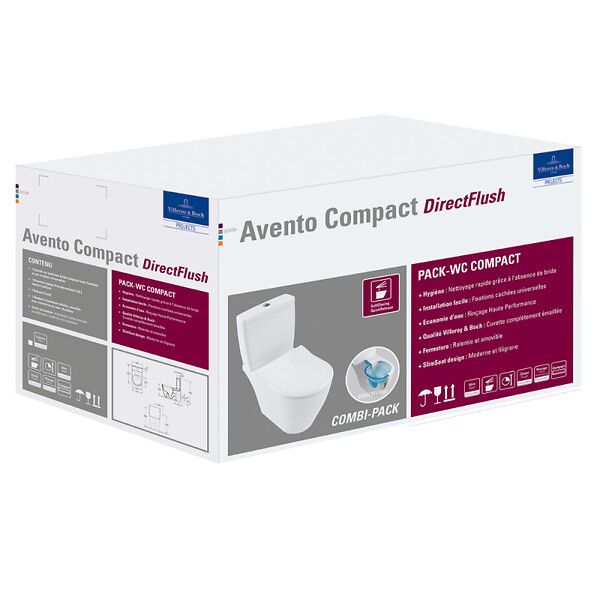 VILLEROY ET BOCH - WC à poser compact sans bride sortie horizontale  Avento avec abattant frein de chute et SlimSeat + Nettoyant - large