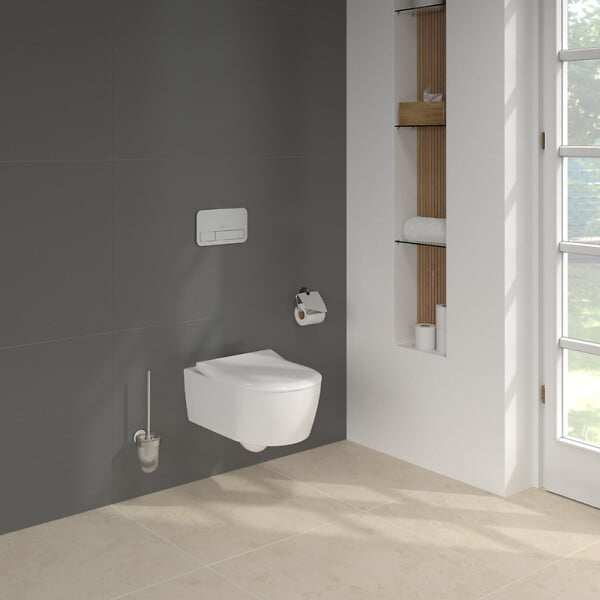 VILLEROY ET BOCH - Pack WC sans bride  Avento + Bâti support + abattant frein de chute + plaque chromée  + Tabouret blanc - large