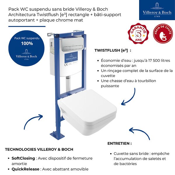 VILLEROY ET BOCH - Pack WC suspendu sans bride Architectura Twistflush [e³] rectangle + bâti-support ViConnect + plaque chrome mat - large