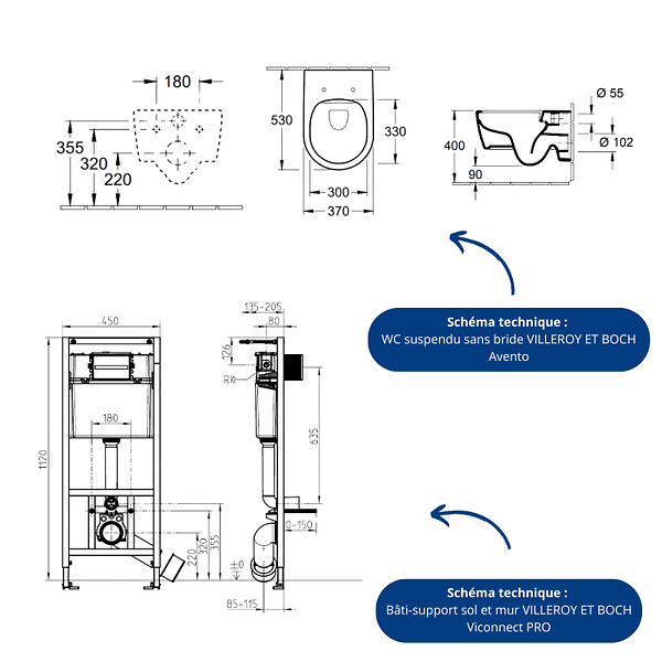 VILLEROY ET BOCH - Pack WC sans bride  Avento + Bâti support + abattant frein de chute + plaque chromée mat  + Tabouret bois - large