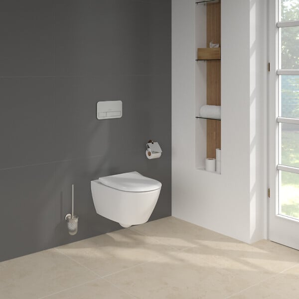 VILLEROY ET BOCH - Pack WC sans bride  Subway 2.0 avec abattant frein de chute + bâti Viconnect PRO + plaque blanche  + Tabouret bois - large