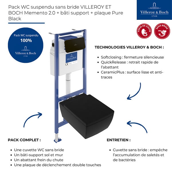 VILLEROY ET BOCH - Pack WC suspendu sans bride  Memento 2.0 + abattant + bâti-support sol et mur + plaque Pure Black - large