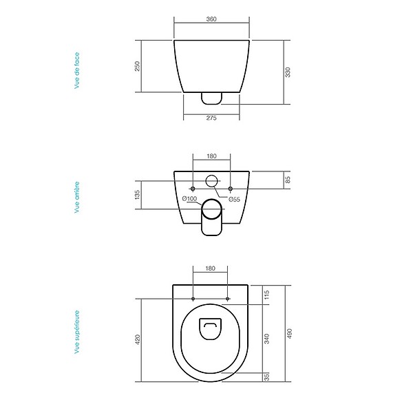 THALASSOR - Cuvette Wc Suspendu Sans Bride Compact - 49 X 36 Cm - Abattant "slim" Thermodur Avec Freins De Chute - large