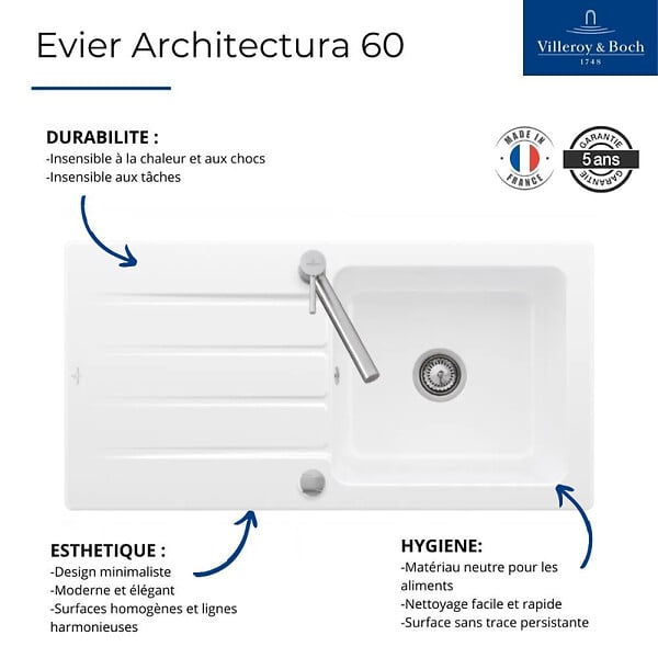 VILLEROY ET BOCH - Evier  Architectura 60 + Robinet de cuisine Junis Sky Shower - large