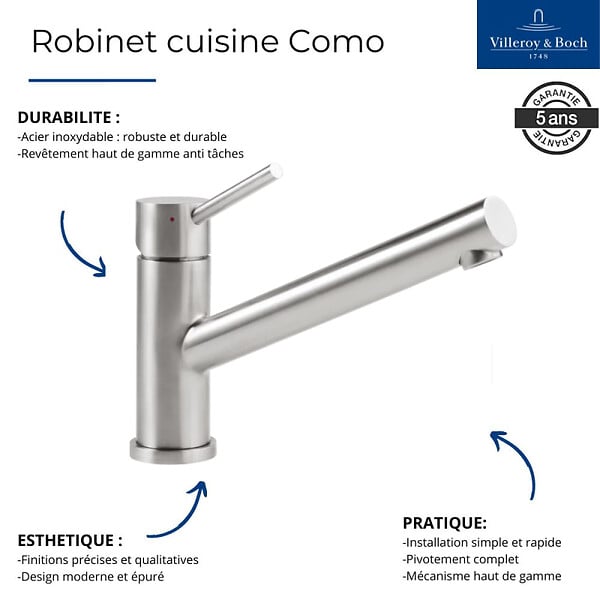 VILLEROY ET BOCH - Evier  Architectura 60 vidage auto + Robinet de cuisine Como Acier Massif - large