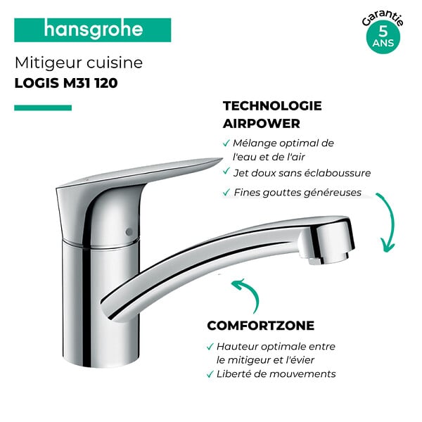 HANSGROHE - Evier 1 bac 840 S52 synthèse noir + robinet de cuisine Logis M31 120 chromé - large