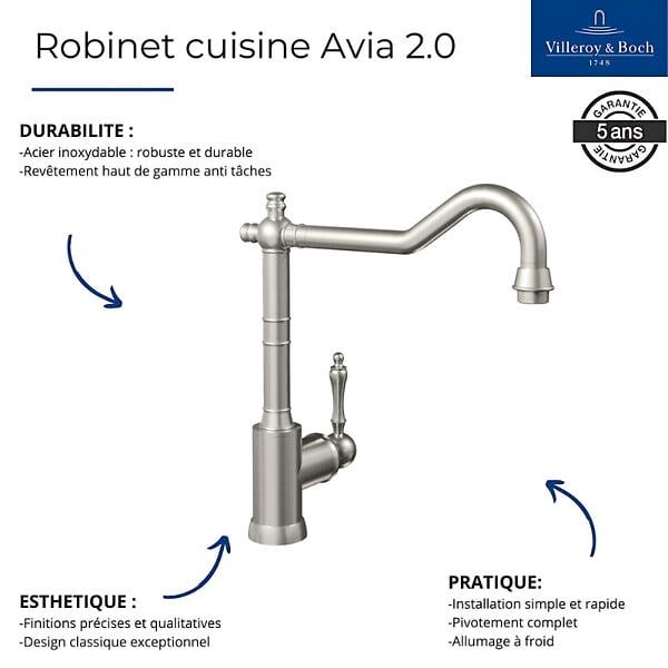 VILLEROY ET BOCH - Evier  Timbre d'office Tradition 1 cuve vidage auto + Robinet de cuisine Avia 2.0 Acier Massif - large