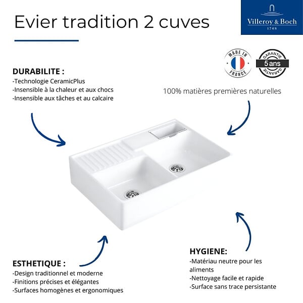VILLEROY ET BOCH - Evier timbre d'office  Tradition 89,5 x 63 céramique vidage manuel blanc - large