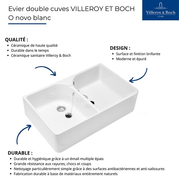 VILLEROY ET BOCH - Evier 2 bacs BIBAC O.NOVO - Dimensions : 90 x 55 x 22 cm - couleur : BLANC - large