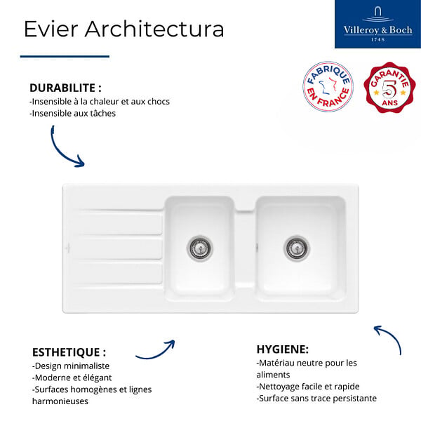 VILLEROY ET BOCH - Evier 1 bac et demi Architectura   80 116 x 51 cm Blanc sans vidage - large