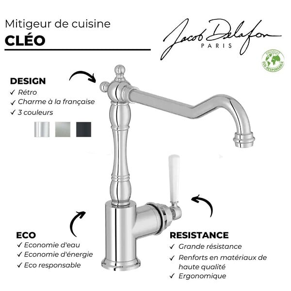 JACOB DELAFON - Mitigeur cuisine Cleo, Bec haut inox brosse - large