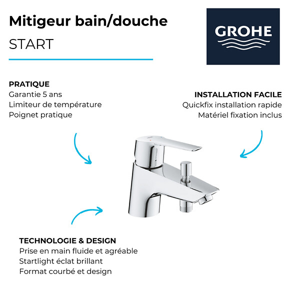 GROHE - Mitigeur bain/douche START GROHE 23229002 monocommande - monotrou - chrome - large