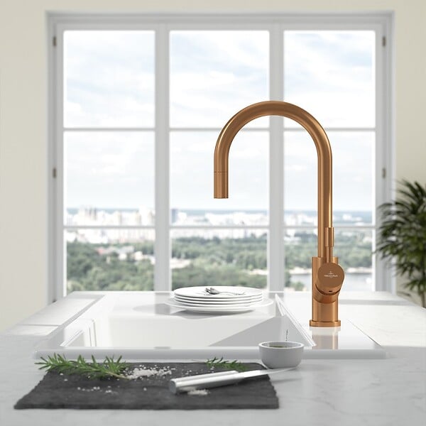 VILLEROY ET BOCH - Robinet cuisine  Umbrella flex bronze + nettoyant - large