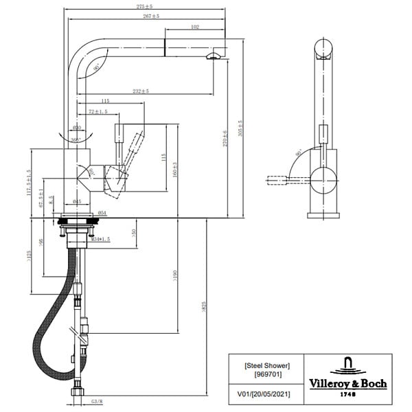 VILLEROY ET BOCH - Robinet cuisine  Steel Shower anthracite + nettoyant - large