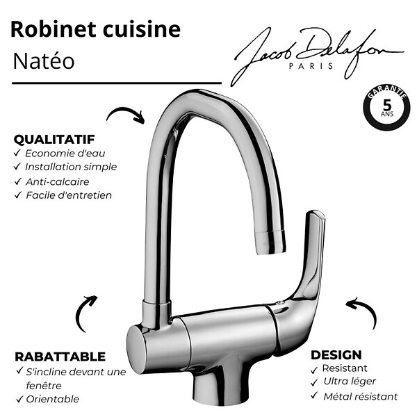 JACOB DELAFON - Mitigeur évier Natéo, orientable & rabattable - large