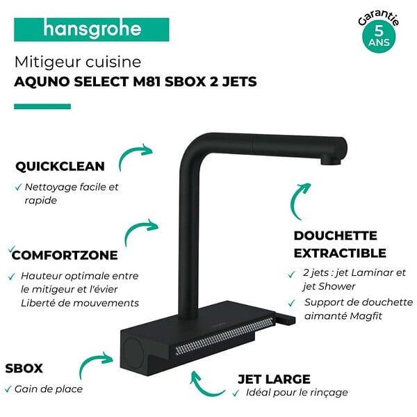 HANSGROHE - Robinet de cuisine avec douchette Aquno Select M81 250 sBox 2 jets noir mat - large