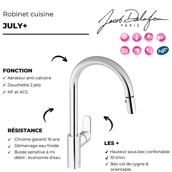 JACOB DELAFON - Robinet cuisine avec douchette extractible July+ - large