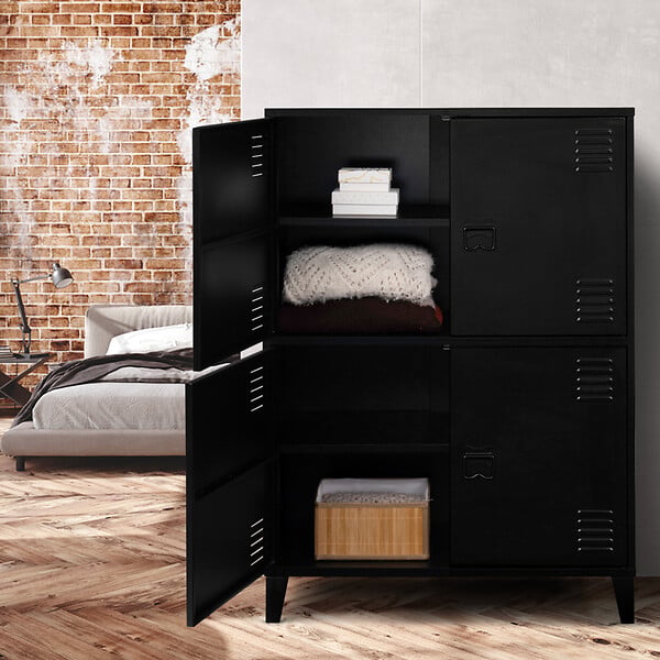 ID MARKET - Armoire basse ESTER 4 portes métal noir design industriel - large