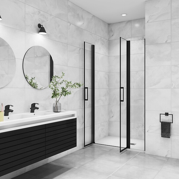 AICA SANITAIRE - AICA porte de douche battante 110x200cm avec un élément fixe, profilé noir mat, Porte de douche Hauteur 200cm en 8mm verre anticalcaire - large