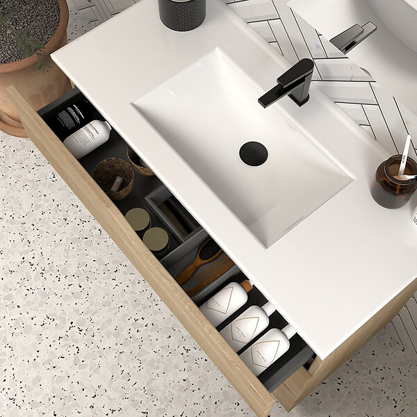 COSYNEO - Meuble de salle de bain 100cm simple vasque - 3 tiroirs - madera miel (bois clair) - MATA - large