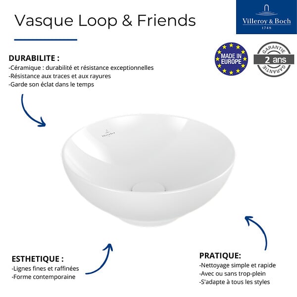 VILLEROY ET BOCH - Vasque 38 x 38 ronde à poser  Loop & Friends non meulé stone white avec trop plein - large