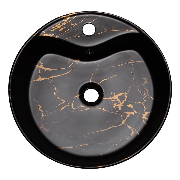 KERRA - Vasque à poser ronde en céramique TANZA finition marbre noir doré Ø46 cm - large