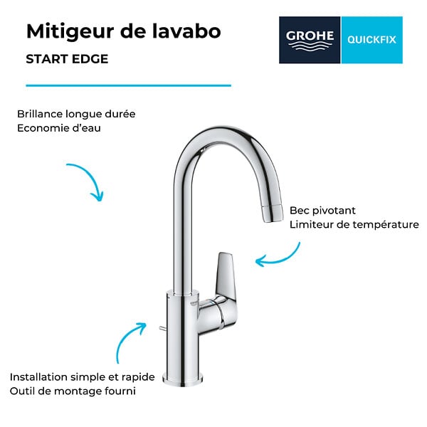 GROHE - Mitigeur lavabo Quickfix Start Edge avec tirette et vidage taille L - large
