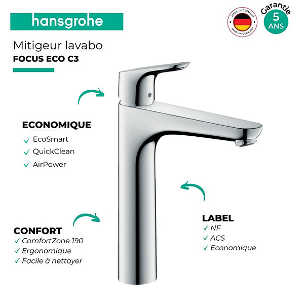 HANSGROHE - Mitigeur lavabo Focus 190 Éco C3 Hansgrohe - 1 jet - Avec tirette et vidage - Chromé - large