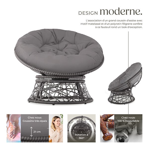 TECTAKE - Fauteuil papasan en rotin Gargano rotatif gris - large