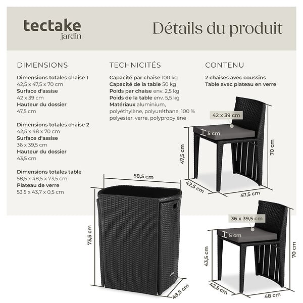 TECTAKE - Salon de jardin HAMBOURG 2 places en aluminium noir - large