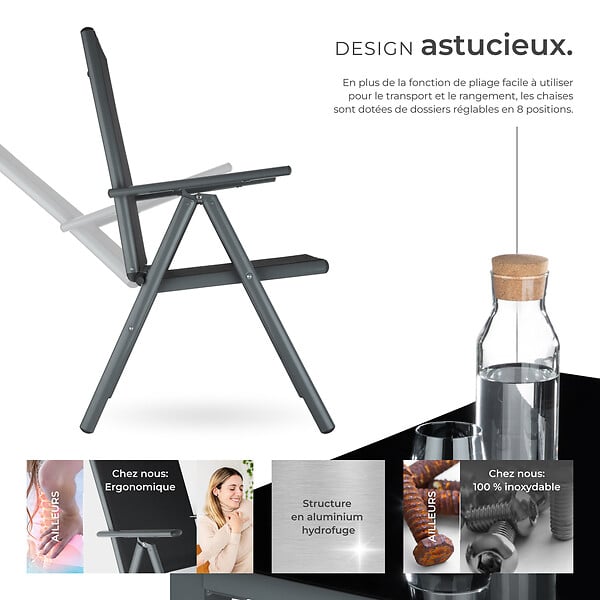 TECTAKE - Ensemble salon de jardin 8 pièces aluminium gris anthracite piètement thermolaqué plateau verre massif chaises pliantes inclinables 189x90x72,7 cm - large