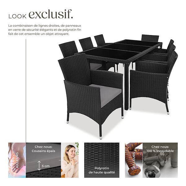 TECTAKE - Salon de jardin 8 places avec housse de protection noir/gris - large