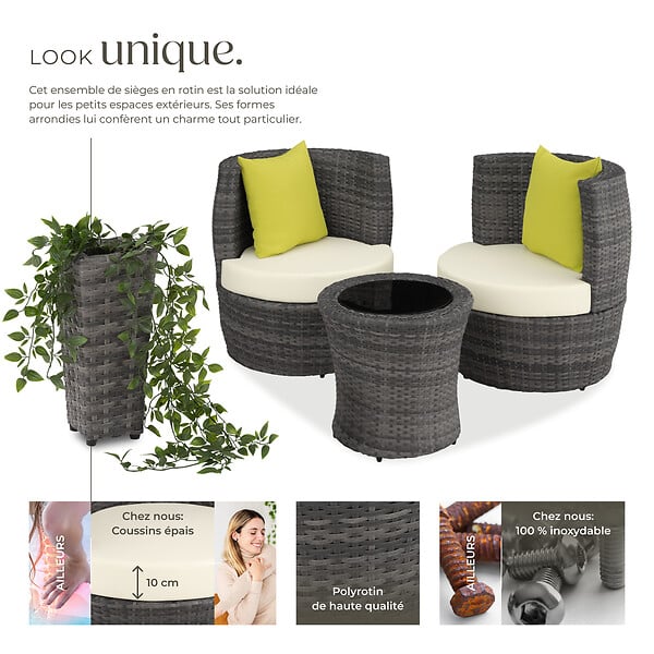 TECTAKE - Ensemble de salon en rotin et aluminium Nice 2+1+1 gris - large