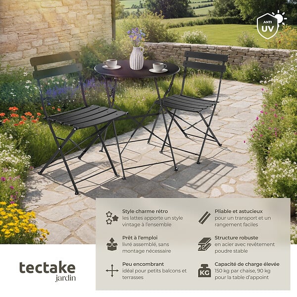 TECTAKE - Ensemble table et chaises bistrot Frieda, pliable pour 2 personnes noir - large