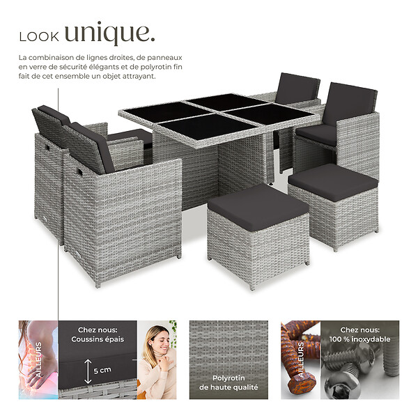 TECTAKE - Salon de jardin MANHATTAN 8 places avec 2 sets de housses + housse de protection, variante 2 gris clair - large