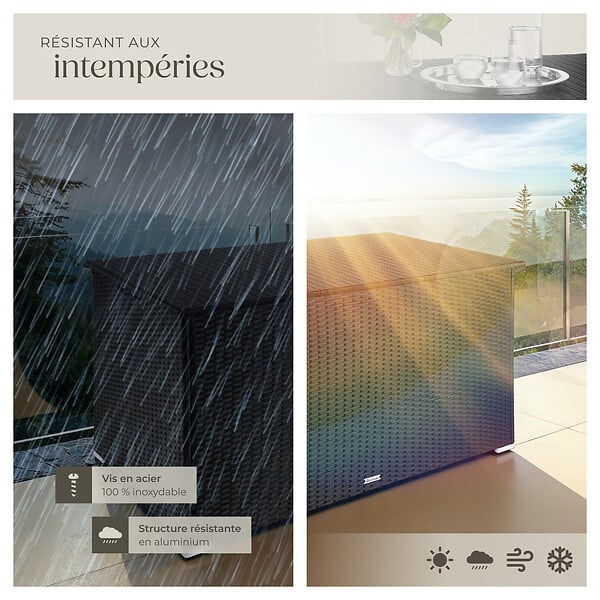 TECTAKE - Coffre jardin en aluminium en résine tressée noir vérins gaz 145x83x80cm 750 l capacité - large