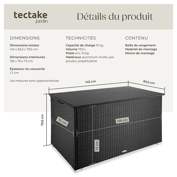TECTAKE - Coffre jardin en aluminium en résine tressée noir vérins gaz 145x83x80cm 750 l capacité - large