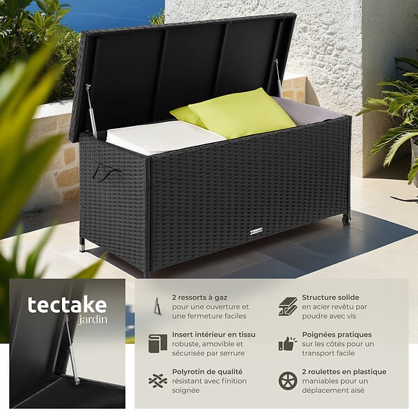 TECTAKE - Coffre de jardin KIRUNA en rotin synthétique 121 x 56 x 60cm 270 L noir - large