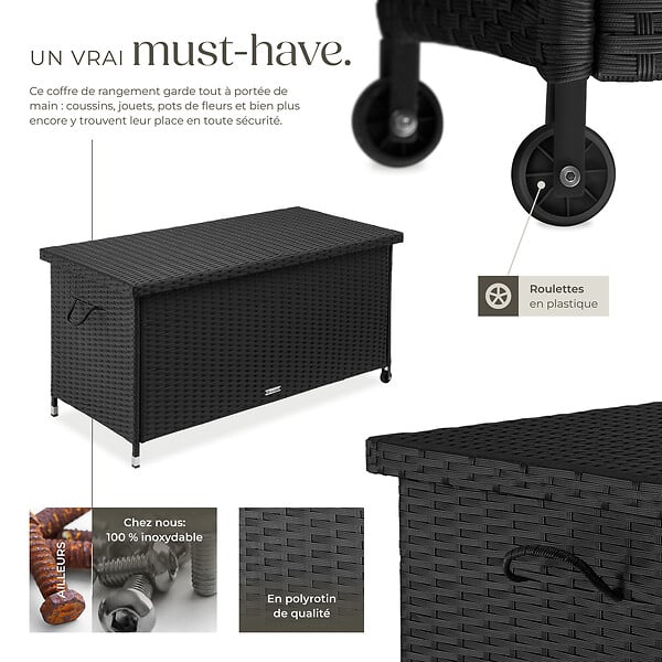 TECTAKE - Coffre de jardin KIRUNA en rotin synthétique 121 x 56 x 60cm 270 L noir - large