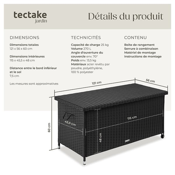 TECTAKE - Coffre de jardin KIRUNA en rotin synthétique 121 x 56 x 60cm 270 L noir - large