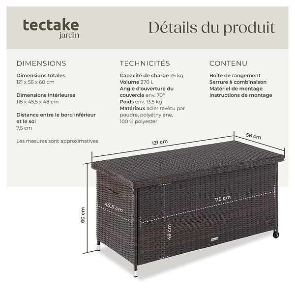TECTAKE - Coffre de jardin KIRUNA en rotin synthétique 121 x 56 x 60cm 270 L marron - large