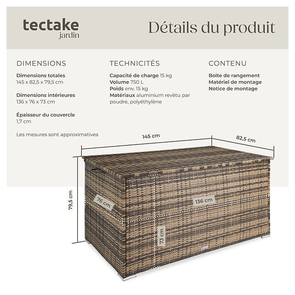 TECTAKE - Coffre de jardin extérieur en aluminium 750 L marron naturel résistant UV 145x82,5x79,5 cm - large
