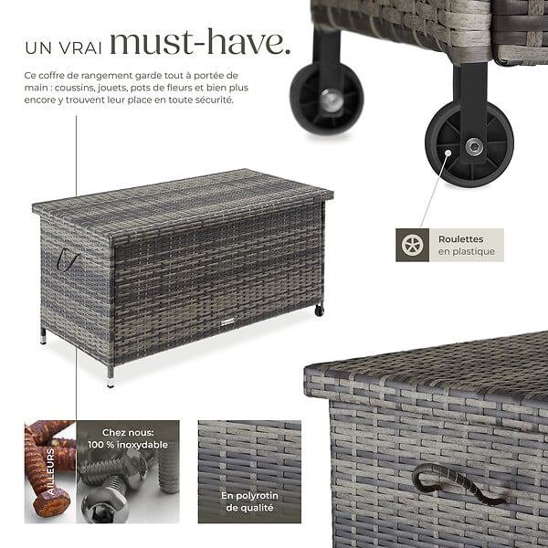 TECTAKE - Coffre de jardin KIRUNA en rotin synthétique 121 x 56 x 60cm 270 L gris - large