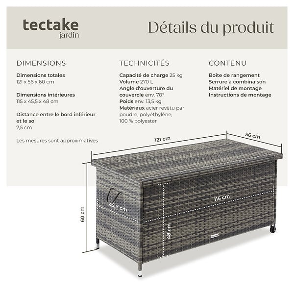 TECTAKE - Coffre de jardin KIRUNA en rotin synthétique 121 x 56 x 60cm 270 L gris - large